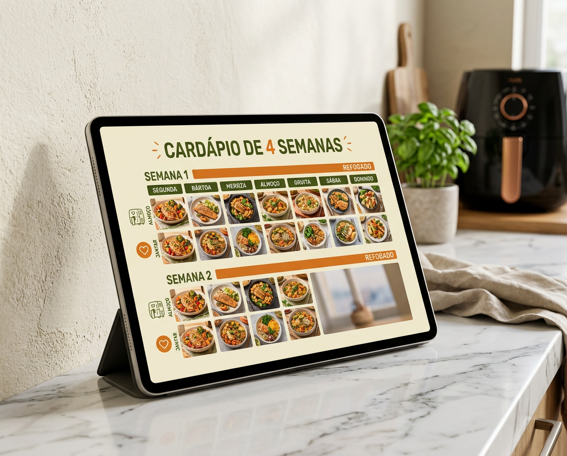 Cardápio de 4 Semanas aberto na tela de um tablet sobre a bancada da cozinha