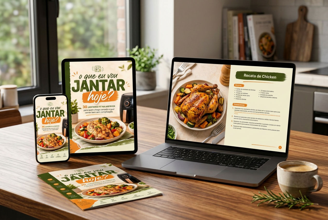 Ebook digital 30 Jantares Fit na AirFryer sendo lido no celular, no tablet e no notebook